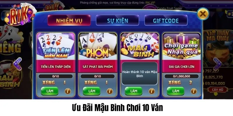 Hoàn thành 10 ván bài tặng thưởng uu-dai-mau-binh-rikvip-choi-10-van
